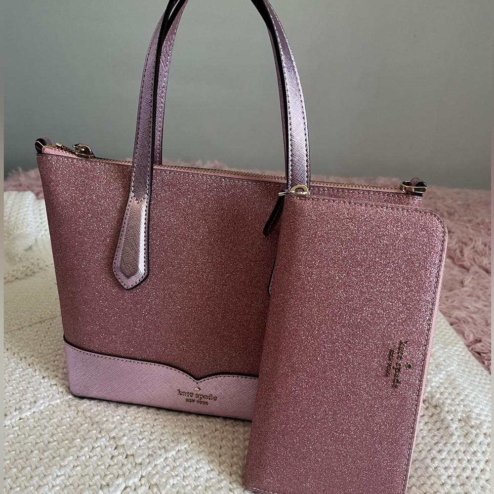 Kate Spade New York Lola Glitter Small Satchel in Rose Pink & Matching Wallet